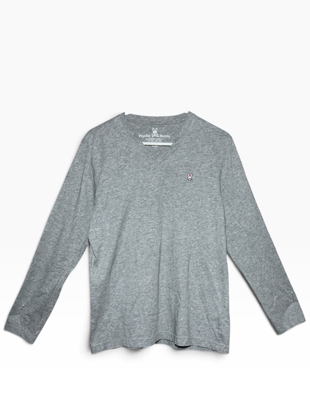 Psycho Bunny Mens Medium Gray V Neck Long Sleeve T Shirt Pima Cotton Logo *See*